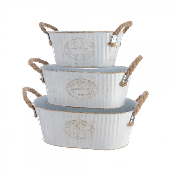Set 3 Cubos de Zinc Vintage Blancos con Asas de Cuerda | Decoración y Almacenaje
