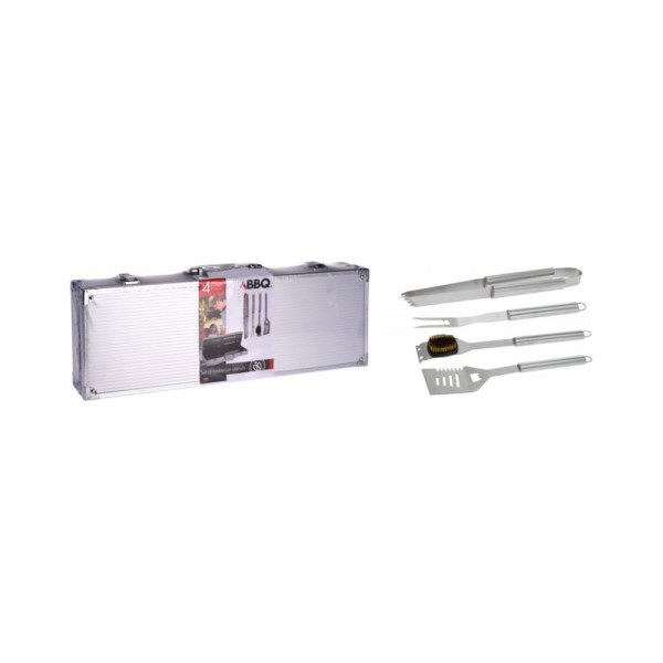Set de 4 Utensilios para Barbacoa de Acero Inoxidable con Maletín de Aluminio